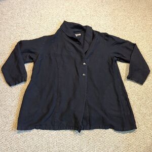 FLAX Linen Jacket Blazer Womens Large Black Button Up Lagenlook Pockets